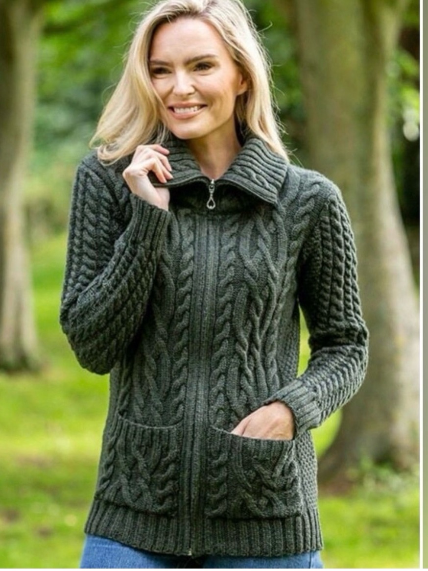 Women's Cable-Knit Zip Front Cardigan Sweater - Olive Green